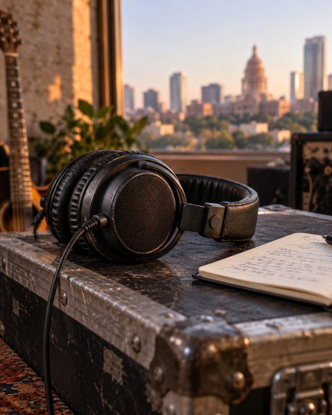 Headphones and an out-of-focus notebook on a dark case