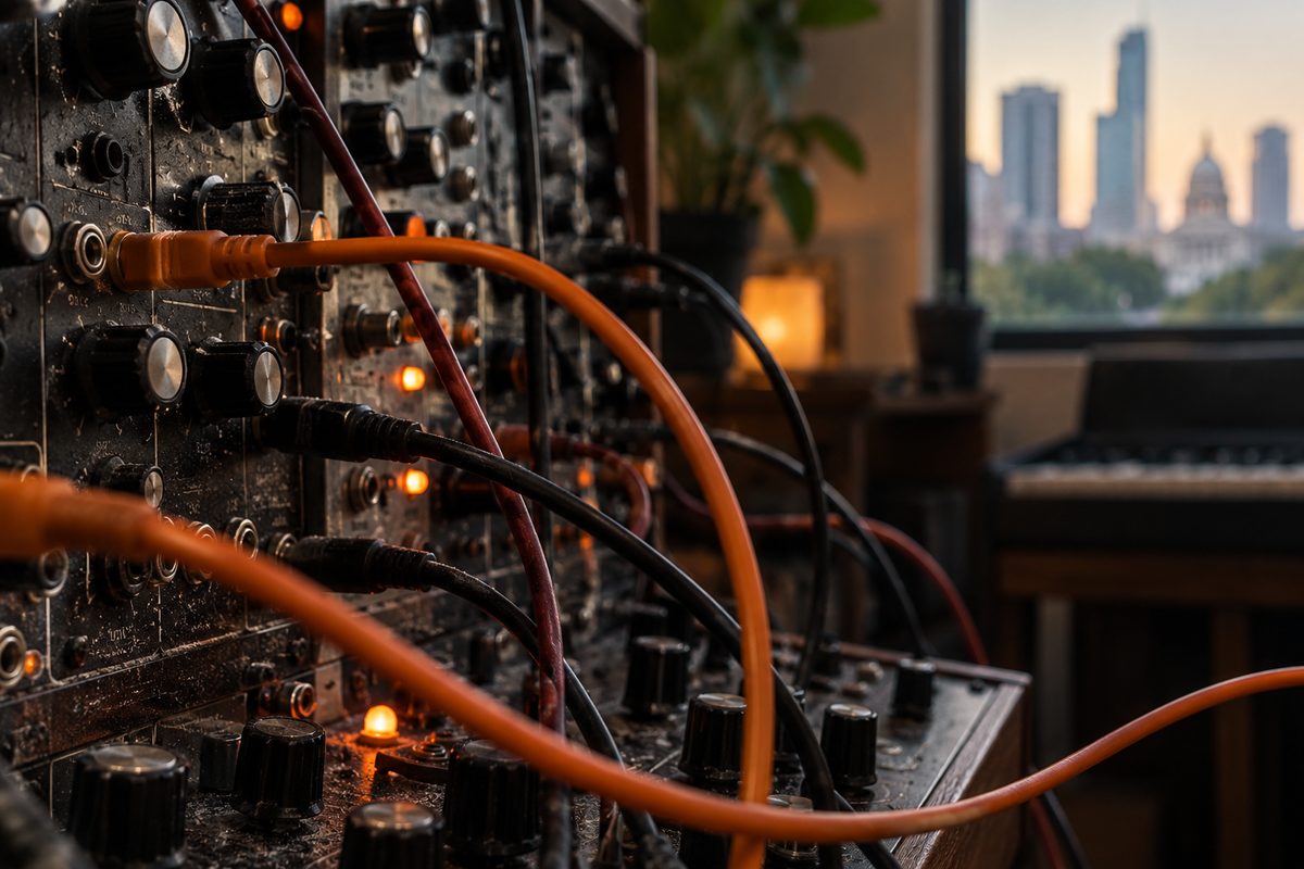 Patch cables crossing a dark modular synthesizer